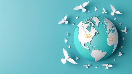 Globe with peace signs and doves in a minimal design Stock Photo with copy space