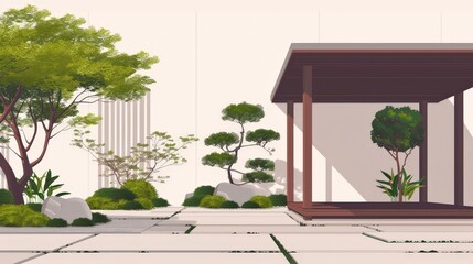 Tranquil Japanese Garden Design with Traditional Pavilion in 2D Vector Illustration