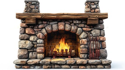 Cozy Stone Fireplace with Burning Fire
