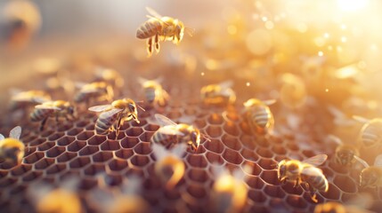 Honeybees working on honeycomb in golden sunlight.
