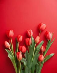 Fototapeta premium Red Tulips on Red Background - Beautiful Flowers for Spring - Colored Tullips - Background for Mother's Day, Woman's Day, Valentine's Day or Birthday - Space for Copy or Text