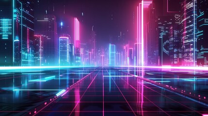 Neon cyberpunk cityscape with futuristic buildings and vibrant colors, ideal for sci-fi illustrations, video game backgrounds, and tech advertisements.