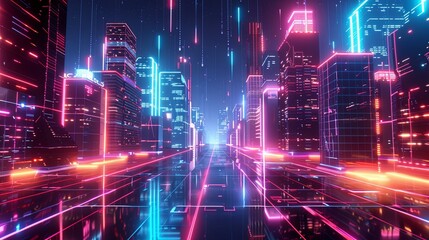 Fototapeta premium Neon cyberpunk cityscape with futuristic buildings and vibrant colors, ideal for sci-fi illustrations, video game backgrounds, and tech advertisements.