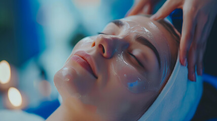Portrait of a Smiling girl on spa procedure The hands of a cosmetologist do a facial massage with a mask