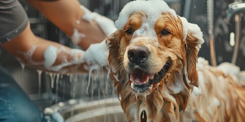 Man giving his happy dog a bath outdoors, both enjoying the moment with soap bubbles around.