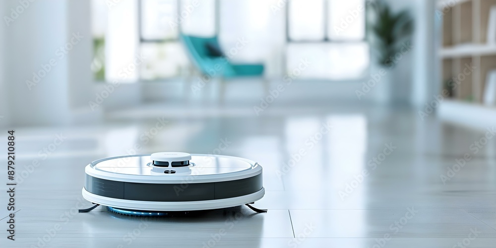 Poster autonomous housekeeping robot with vacuum in action on a clean background. concept robotics, smart t