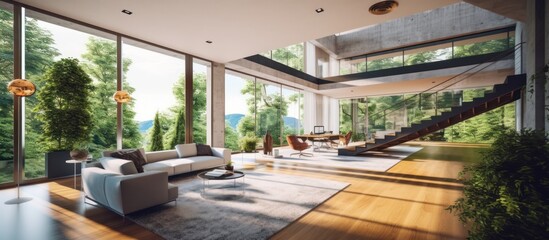 Fototapeta premium Modern Open-Plan Living Space With Lush Green Views