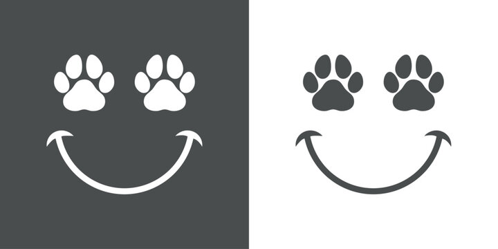 Logo pet friendly. Silueta de emoticono con cara con zarpa de perro o gato como ojos y sonrisa