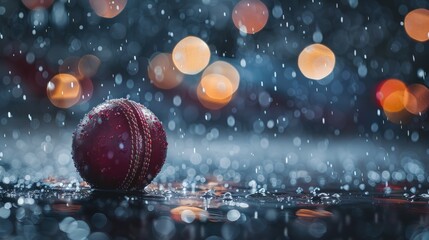 A red ball is sitting on a wet surface. Generate AI image