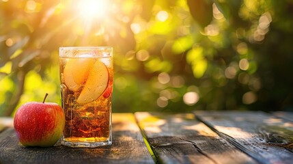 A refreshing glass of iced tea with a juicy red apple rests on a rustic wooden table, bathed in the warm sunlight of a summer garden, summer, garden, table, wooden, apple, red, iced tea