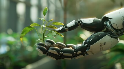 A robot's hand grasping a green sprout seedling intended for greenhouse planting, AI saving earth, Generative, AI.