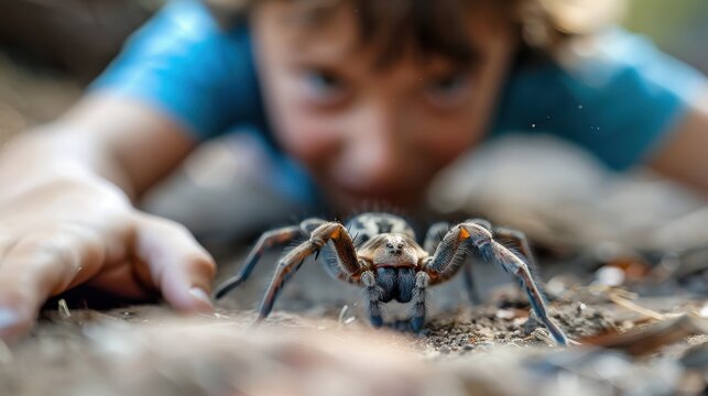 An enthusiastic boy is observing a spider on the ground with great fascination, emphasizing the natural curiosity and adventurous spirit often found in children.
