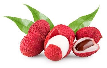 fresh lychee with slices and green leaves isolated on white background. clipping path