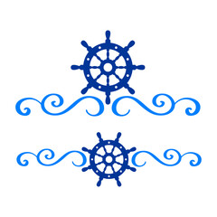 Logo nautical. Silueta de volante de timón de barco con línea de decoración de caligrafía como marco