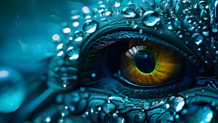 Realistic blue dragon eyes yellow shades micro water drops on dragen wallpaper