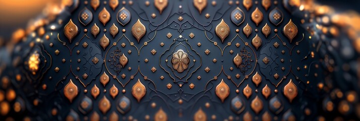 Intricate arabic style pattern with golden details on dark background.