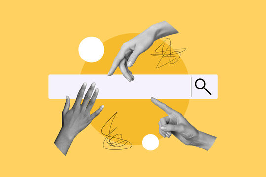 Composite photo collage of hands hold tab icon internet website magnifier glass internet tab search lens isolated on painted background
