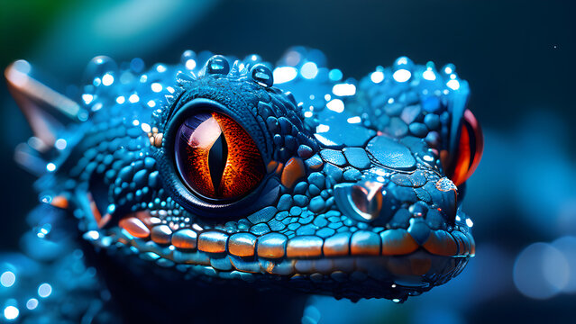 Realistic blue dragon and red eyes shades micro water drops on dragen animal wallpaper