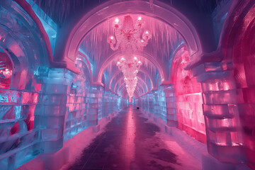 Obraz premium Ice tunnel glowing with pink and blue lights