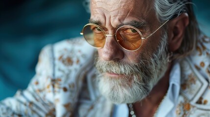 An individual is seated wearing a luxurious, intricately-patterned white and gold jacket with a blue background, giving an impression of elegance and style in a contemporary setting.