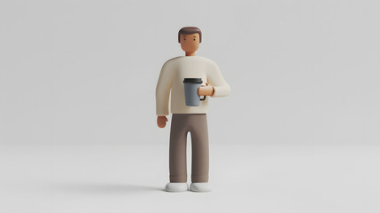 3d cartoon man character holding coffee cup isolated on white background
