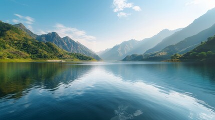 Serene Morning at Mountain Dam: Landscape of a Minimalist Scenery with Golden Light Reflection in Crystalline Water