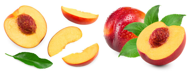 cut of peach fruit with green leaves isolated on white background. clipping path