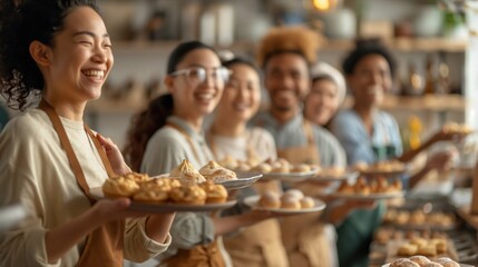 Group of women enjoying baking together in a bright kitchen