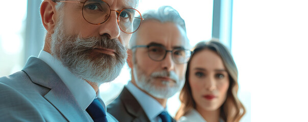 Fototapeta premium Three men and a woman are standing together in a business setting. The man on the left is wearing glasses and a suit, while the other two men are also wearing suits