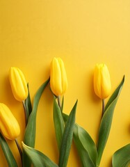 Naklejka premium Yellow Tulips on Yellow Background - Beautiful Flowers for Spring - Colored Tullips - Background for Mother's Day, Woman's Day, Valentine's Day or Birthday - Space for Copy or Text