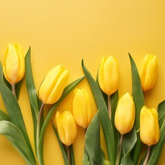 Naklejka premium Yellow Tulips on Yellow Background - Beautiful Flowers for Spring - Colored Tullips - Background for Mother's Day, Woman's Day, Valentine's Day or Birthday - Space for Copy or Text