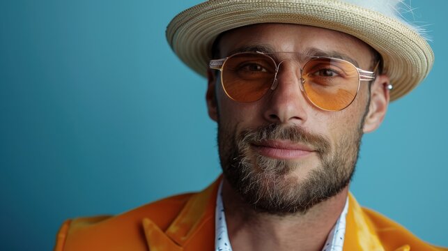 Fashionable man in a yellow suit with glasses and a stylish expression, posing against a yellow background, representing modern style, confidence, and vibrant fashion.