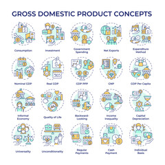 Gross domestic product multi color concept icons. Country economy. Market value. Economic growth. Goods and services. Icon pack. Vector images. Round shape illustrations. Abstract idea