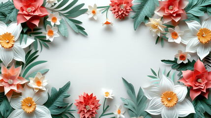 3d Realistic paper cutout Christmas banner with copyspace with frame of illustrations holly, pine branches, mistletoe, poinsettia