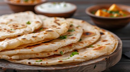 A sumptuous stack of soft and fluffy naan bread, artistically garnished with fresh herbs, presented on a wooden platter, accompanied by curry and yogurt dip for the perfect meal.