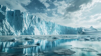 A comparison of a glacier over time, showing its retreat from a large, icy mass to a much smaller size, markers indicating the years