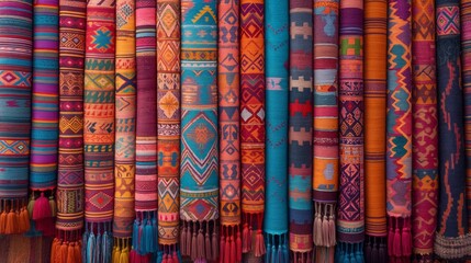 Fototapeta premium Colorful traditional handmade rugs displayed at a market.