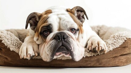 Bulldog watching viewer on white background from dog bed
