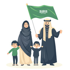 Arab Family celebrating Saudi Arabia National Day flat illustration vector