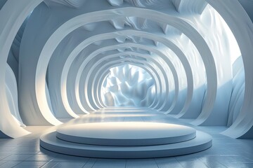 Obraz premium Futuristic white podium platform in abstract tunnel with circular arches. 