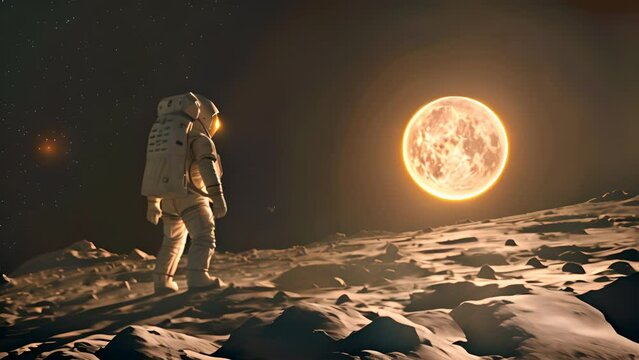 an creative image of an astronut on moon with the sun shining on the moon, generative ai