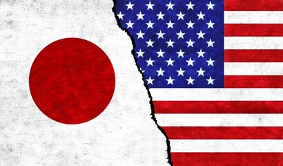 USA and Japan flag together on wall. Diplomatic relations between Japan and United States of America