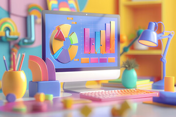 Online education webinar with business data analytics, 3D Animation render, High resolution