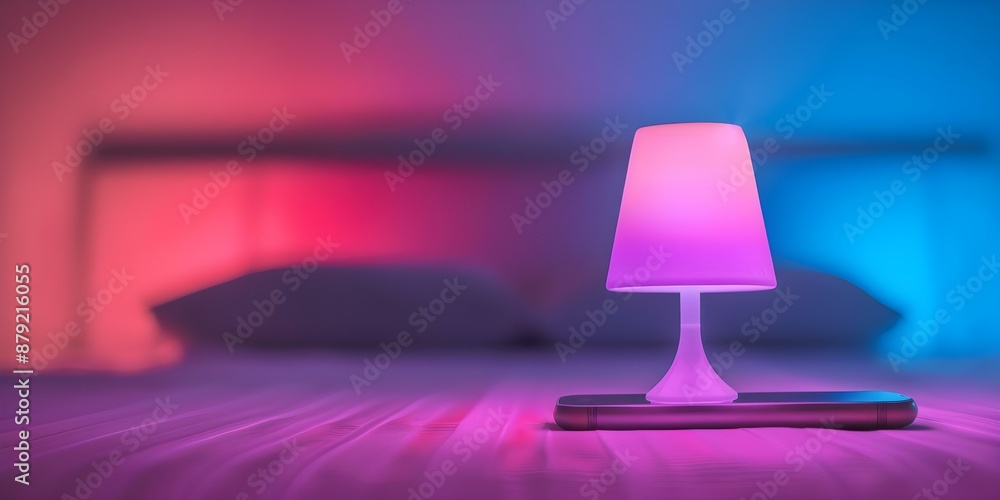 Poster remotely control smart lamp color with hue app on smartphone using wifi. concept smart home automati