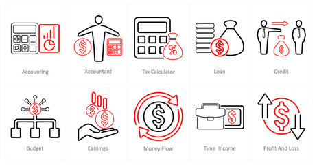 A set of 10 accounting icons as accounting, accountant, tax calculator