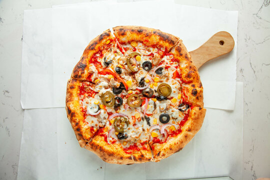 Santa fe flavoured Neapolitan pizza authentic brick oven naples, italian.