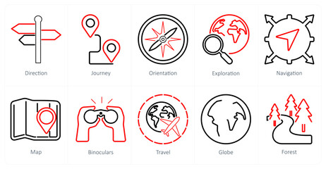 A set of 10 adventure icons as direction, journey, orientation