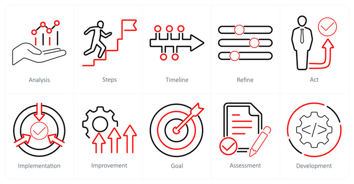 A set of 10 action plan icons as analysis, steps, timeline