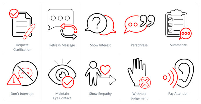 A set of 10 active listening icons as request clarification, refresh message, show interest
