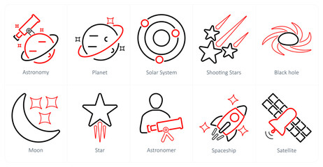 A set of 10 astronomy icons as astronomy, planet, solar system